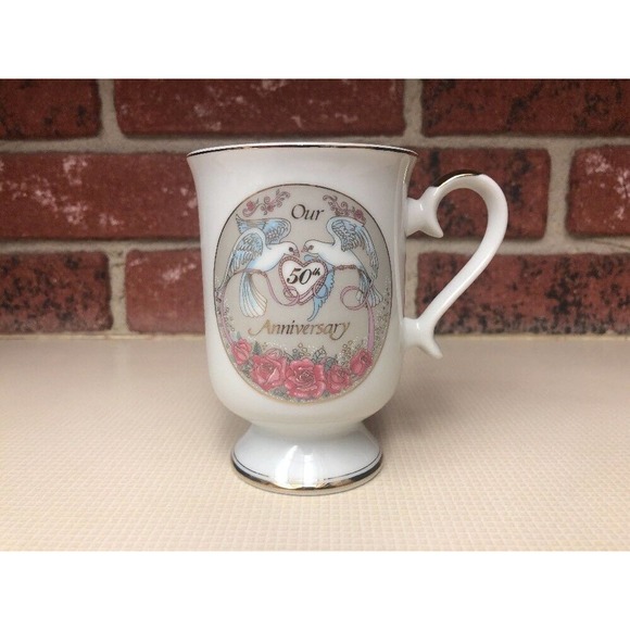 Norcrest 50th Anniversary Mug Pedestal Style Chatillon Gold Rim Doves Flowers - Picture 1 of 7